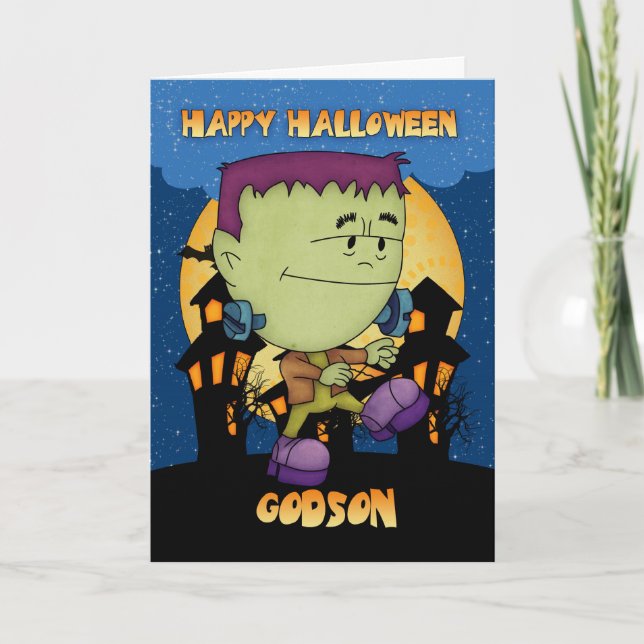 godson halloween card with frankie monster stompin (Front)