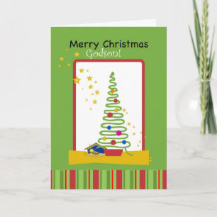 Godson, Merry Christmas with Stars, Tree & Creche Holiday Card