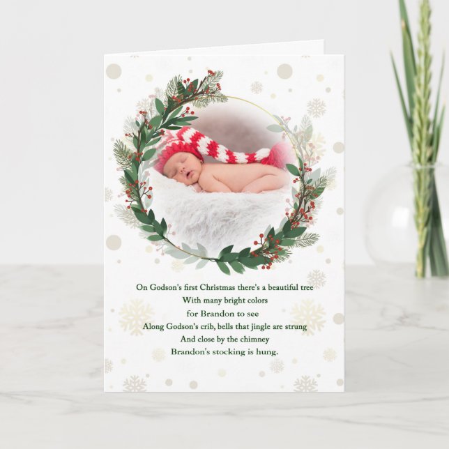 Godson's 1st Christmas with Baby's Name Holiday Card (Front)