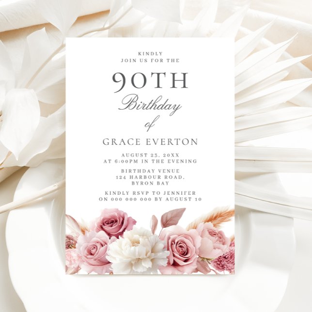 Goegrous Blush Floral 90th Birthday Party  Invitation (Creator Uploaded)