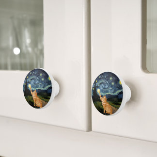 Gogh Kitty Starry Night Cat Ceramic Knob