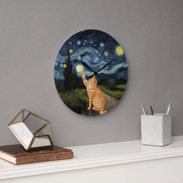 Gogh Kitty Starry Night Cat Large Clock (Office)