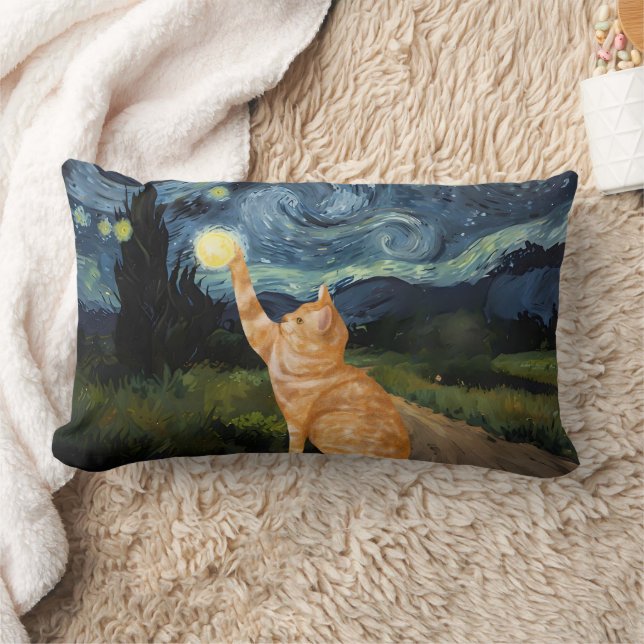 Gogh Kitty Starry Night Cat Lumbar Cushion (Blanket)