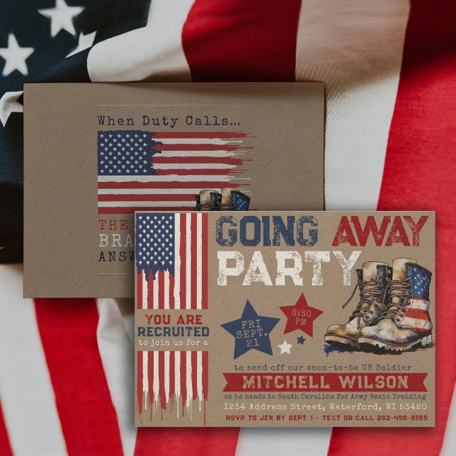 Going Away Party I Military Farewell Party US Flag Invitation (Military Soldier Army Going Away Party Invitation, Patriotic Farewell, USA Flag, Rustic, star, boots)