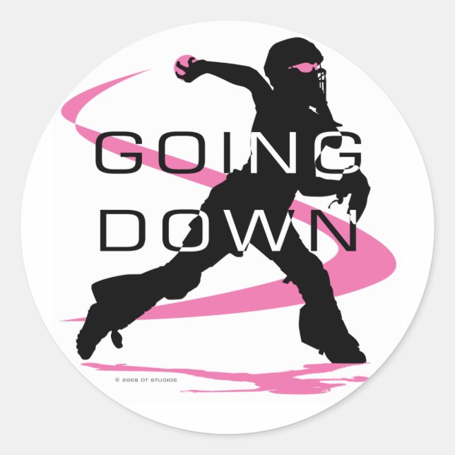 Going Down Pink Catcher Softball Classic Round Sticker (Front)