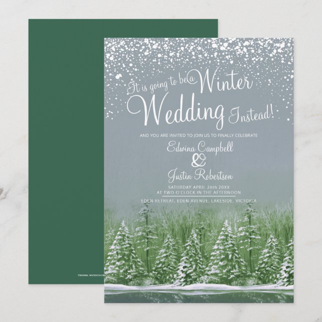 Going to be a winter wedding snow lake grey green invitation (Front/Back)