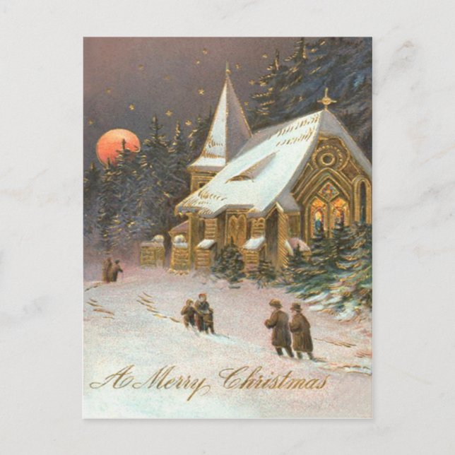 Going To Church Tree Snow Moon Stars Postcard (Front)