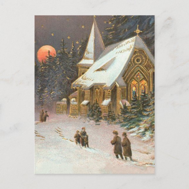 Going To Church Tree Snow Moon Stars Postcard (Front)