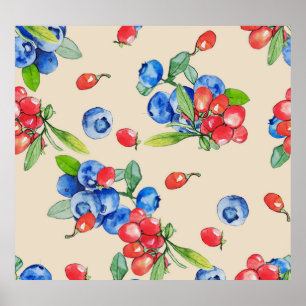 Goji, blueberry: watercolor illustration pattern. poster