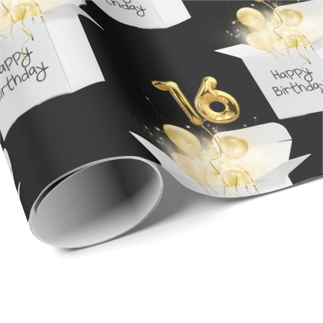 Gold 16th Birthday Balloons in White Box  Wrapping Paper (Roll Corner)