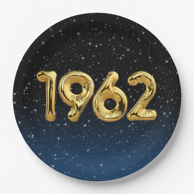 Gold 1962 Birth Year Balloons In Stars Paper Plate (Front)