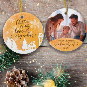 Gold 1st Christmas Family of 3 Quote Photo Ornament