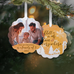 Gold 1st Christmas Family of 3 Quote Photo Tree Decoration Card