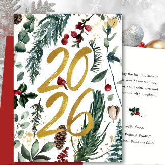 Gold 2025 Festive Christmas Pine Bough Red Floral Holiday Card