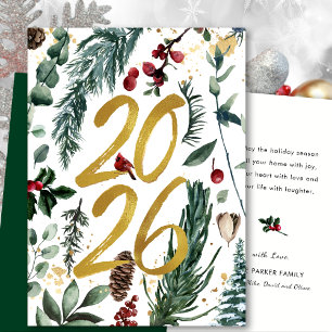 Gold 2025 Festive Christmas Pine Bough Red Floral Holiday Card