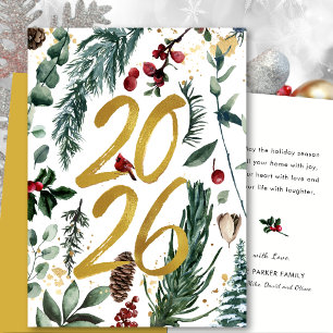 Gold 2025 Festive Christmas Pine Bough Red Floral  Holiday Card