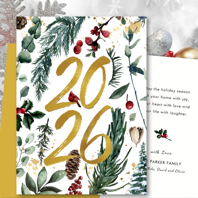 Gold 2025 Festive Christmas Pine Bough Red Floral  Holiday Card (Creator Uploaded)