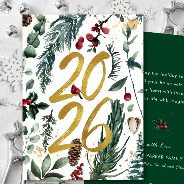 Gold 2025 Festive Christmas Pine Bough Red Floral  Holiday Card (Creator Uploaded)