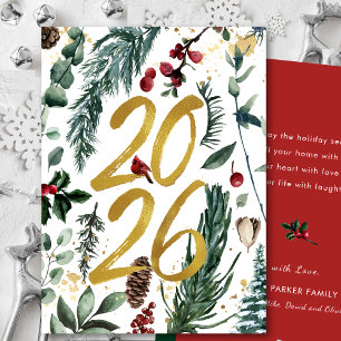 Gold 2025 Festive Christmas Pine Bough Red Floral Holiday Card