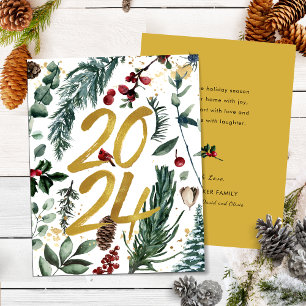 Gold 2025 Festive Christmas Pine Bough Red Floral  Holiday Card