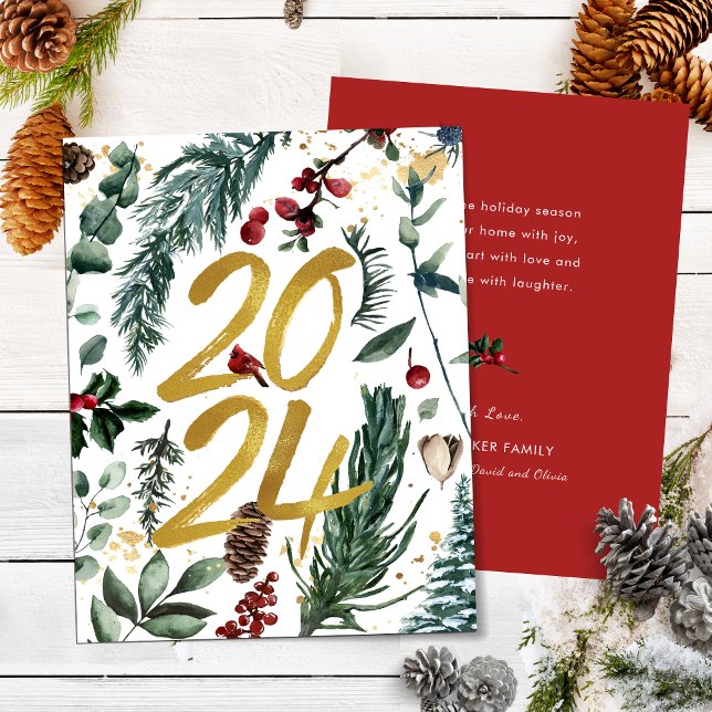 Gold 2025 Festive Christmas Pine Bough Red Floral  Holiday Card (Creator Uploaded)