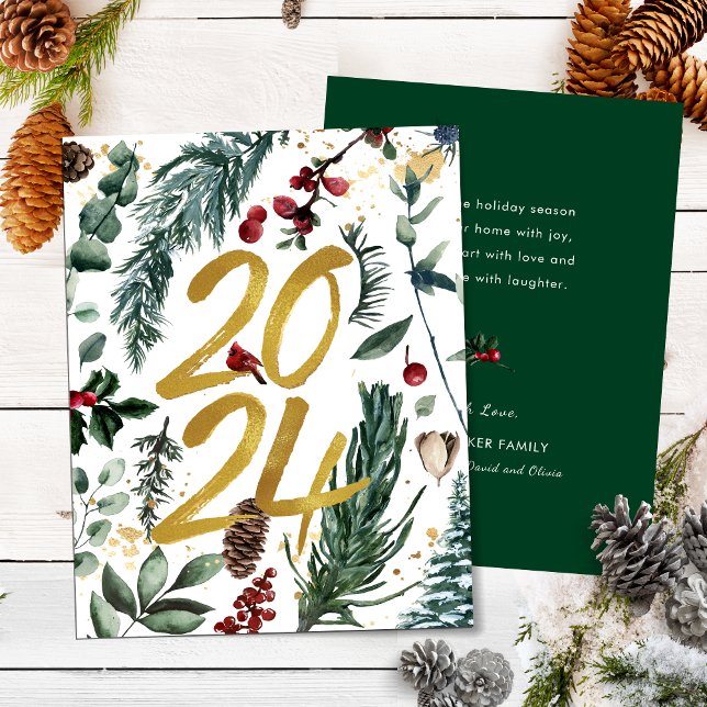 Gold 2025 Festive Christmas Pine Bough Red Floral  Holiday Card (Creator Uploaded)