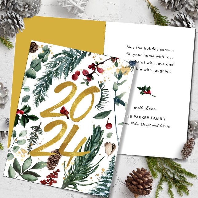 Gold 2025 Festive Christmas Pine Bough Red Floral  Holiday Card (Creator Uploaded)