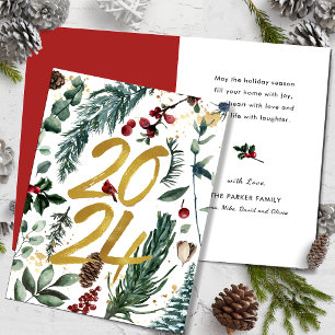 Gold 2025 Festive Christmas Pine Bough Red Floral Holiday Card