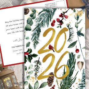 Gold 2025 Festive Christmas Pine Bough Red Floral Holiday Postcard
