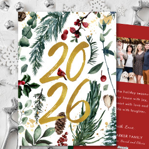Gold 2025 Festive Christmas Pine Bough Red Photo Holiday Card