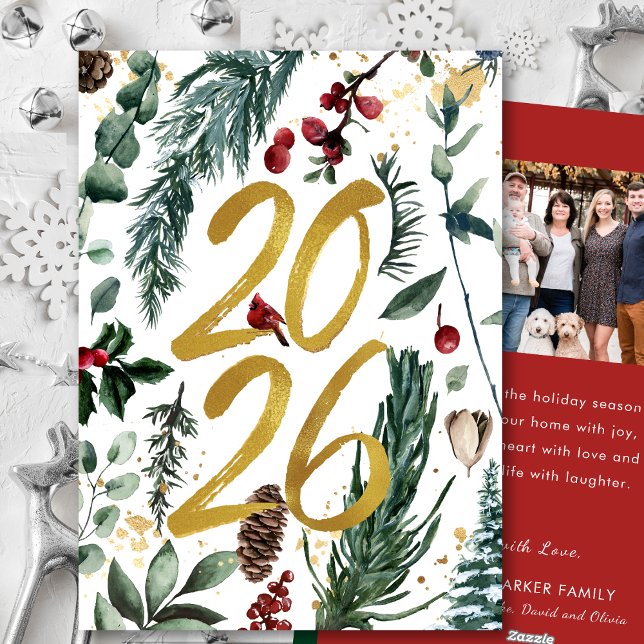 Gold 2025 Festive Christmas Pine Bough Red Photo Holiday Card (Creator Uploaded)