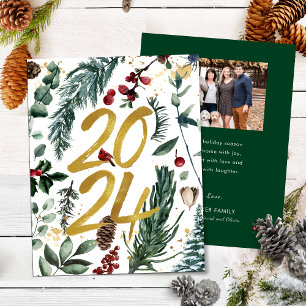 Gold 2025 Festive Christmas Pine Bough Red Photo Holiday Card