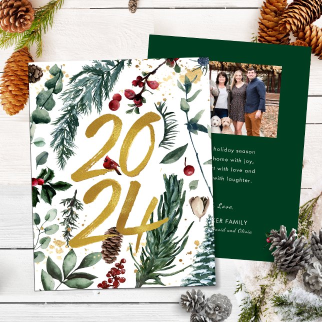 Gold 2025 Festive Christmas Pine Bough Red Photo Holiday Card (Creator Uploaded)