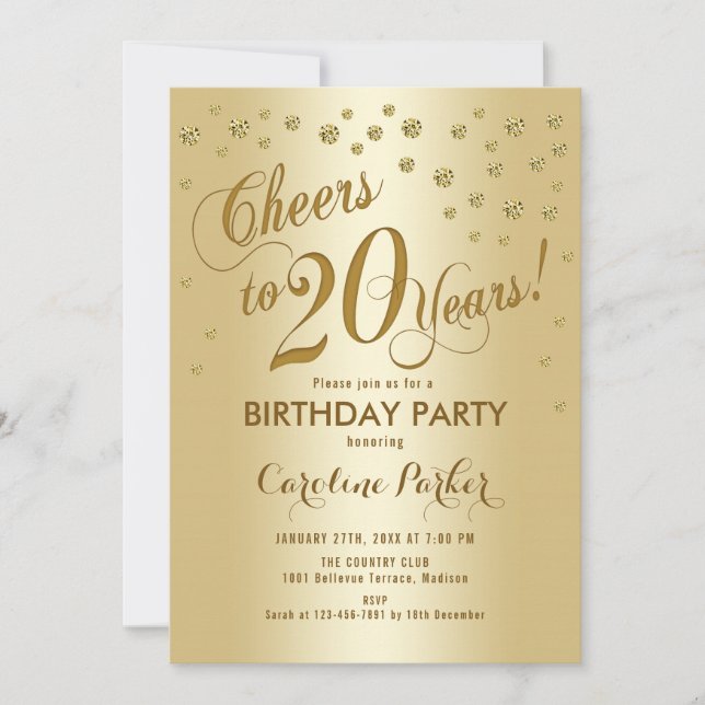 Gold 20th Birthday Party Invitation (Front)