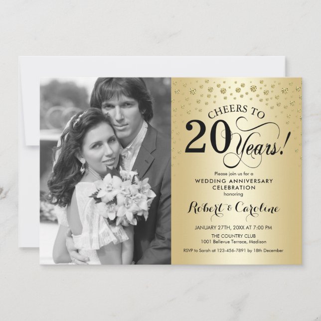 Gold 20th Wedding Anniversary with Photo Invitation (Front)