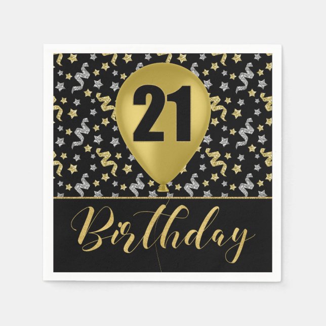 Gold 21 Birthday in Gold and Silver on Black Napkin (Front)