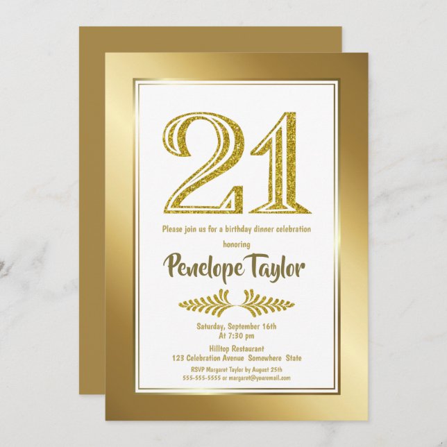 Gold 21st Birthday Dinner Party Invitation (Front/Back)