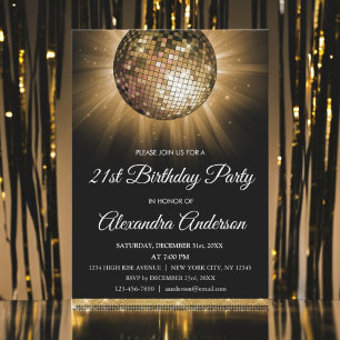 Gold 21st Birthday Party Gold Disco Ball Invitation