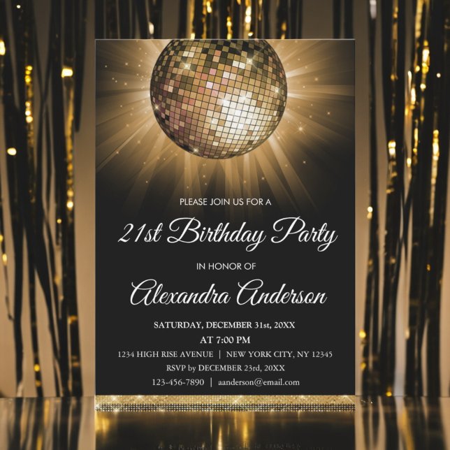 Gold 21st Birthday Party Gold Disco Ball Invitation (Creator Uploaded)