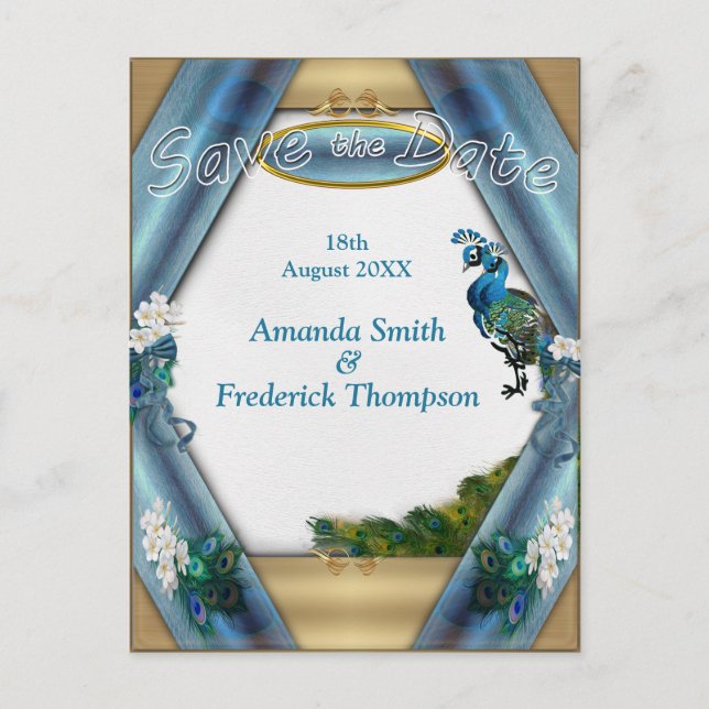 Gold, 2 Peacocks, Feathers on Emerald Green Silk Announcement Postcard (Front)