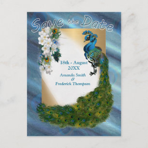 Gold, 2 Peacocks, Feathers on Emerald Green Silk Announcement Postcard