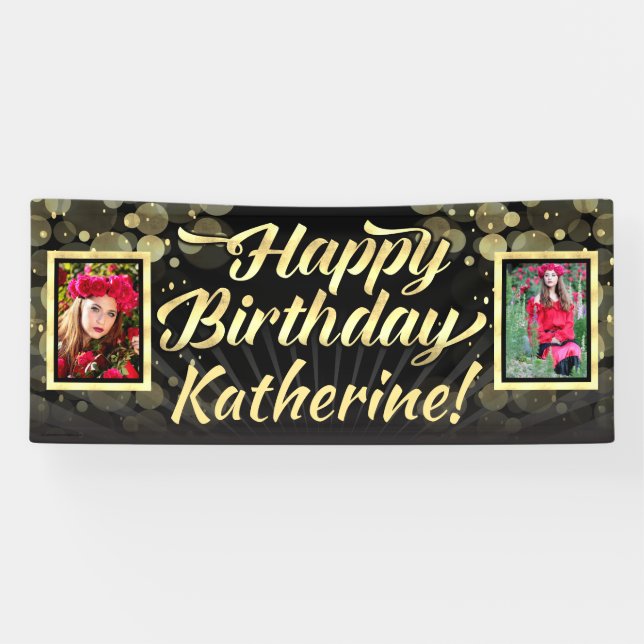 Gold 2 Photo Happy Birthday Party Banner (Horizontal)