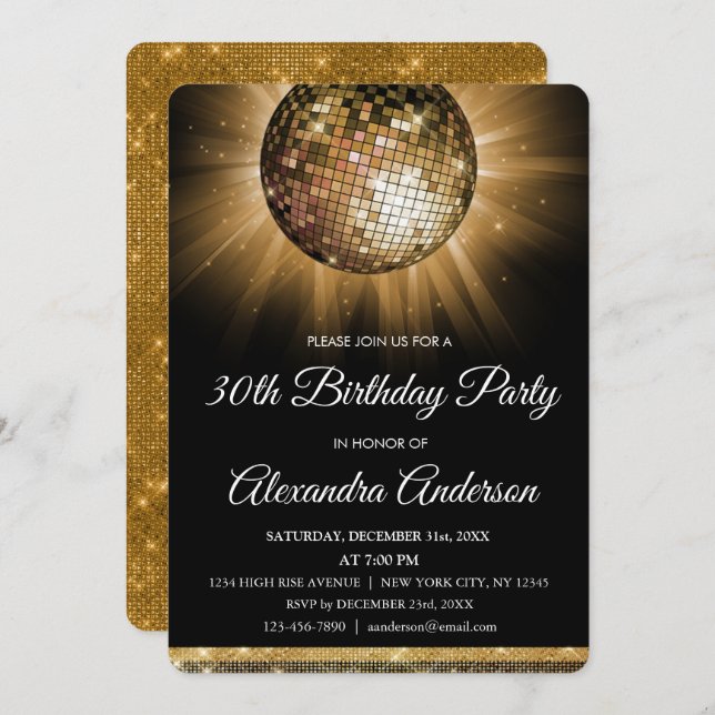 Gold 30th Birthday Party Gold Disco Ball Invitation (Front/Back)