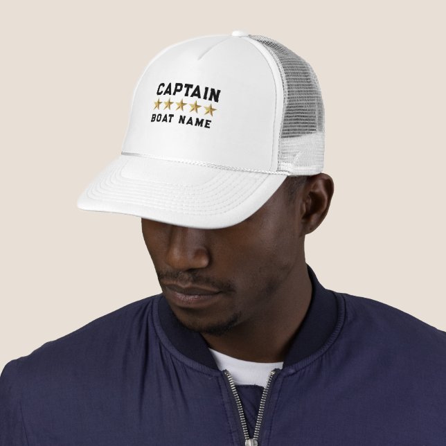 Gold 3-D Stars Custom Black Text Nautical Design Trucker Hat (In Situ)