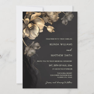 Gold 3D Flowers Black Wedding Invitation