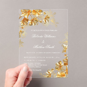 Gold 3D Flowers Transparent Acrylic Invitations