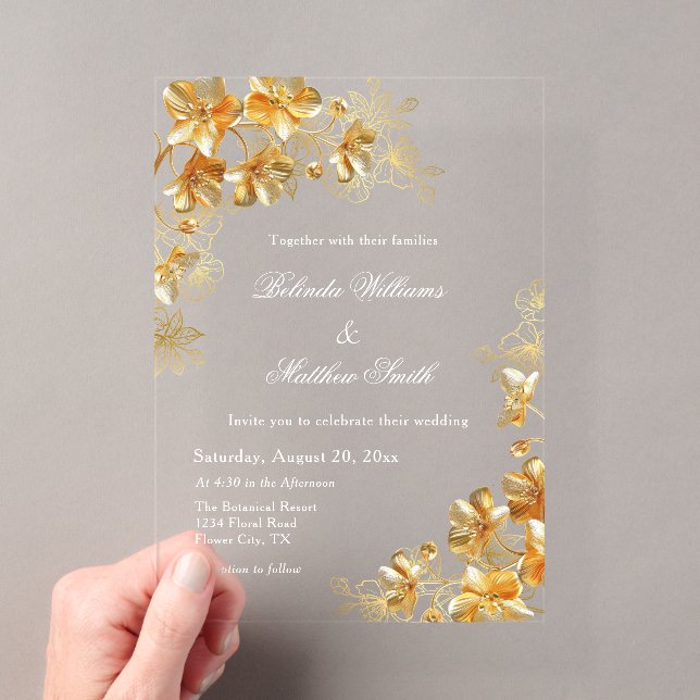 Gold 3D Flowers  Transparent Acrylic Invitations (Insitu (Handheld))