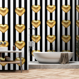 Gold 3d heart black white stripes  wallpaper