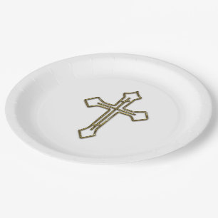 Gold 3D Looking Cross Outline Paper Plate
