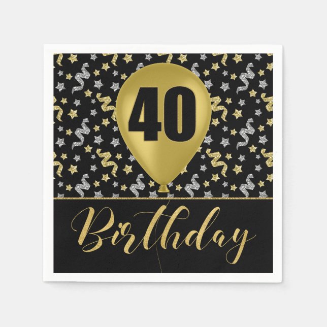 Gold 40 Birthday in Gold and Silver on Black Napkin (Front)